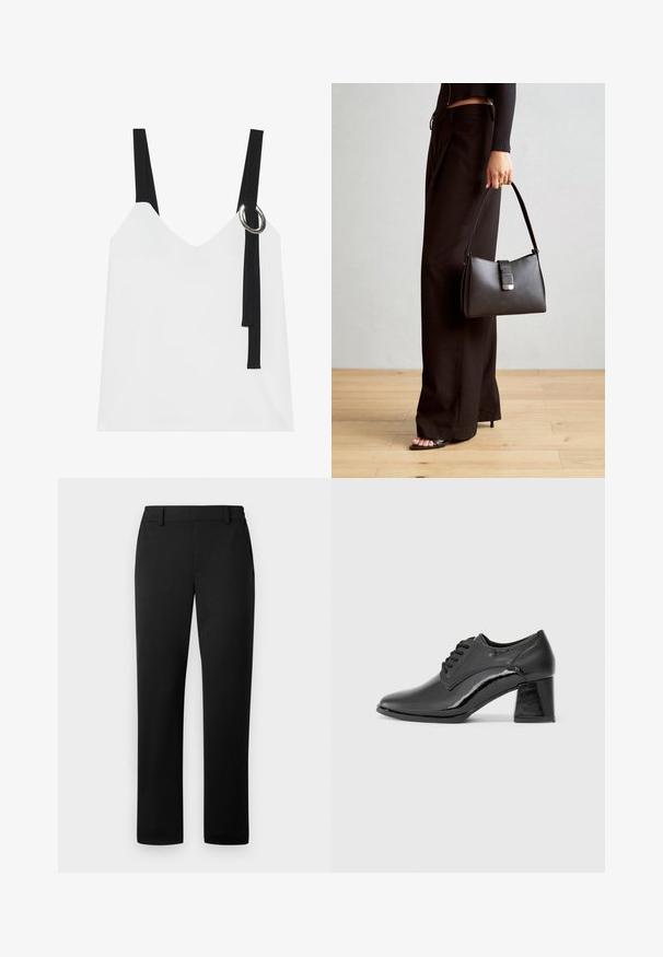 Hvit ermeløs topp med V-hals, med svarte stropper og en sølvringdetalj. Glatt stoff og et moderne, minimalistisk design.; Sorte bukser med rette ben, laget av et glatt stoff med en skreddersydd midje og frontlommer.; Sorte patentlæder sko med rund tå, snørelukning og en kraftig rektangulær hæl. Glat overflade med en blank finish.; Svart håndveske med strukturert form, jevn tekstur og metallisk lås. Kombinert med brede svarte bukser og sandaler med åpen tå på tregulv.