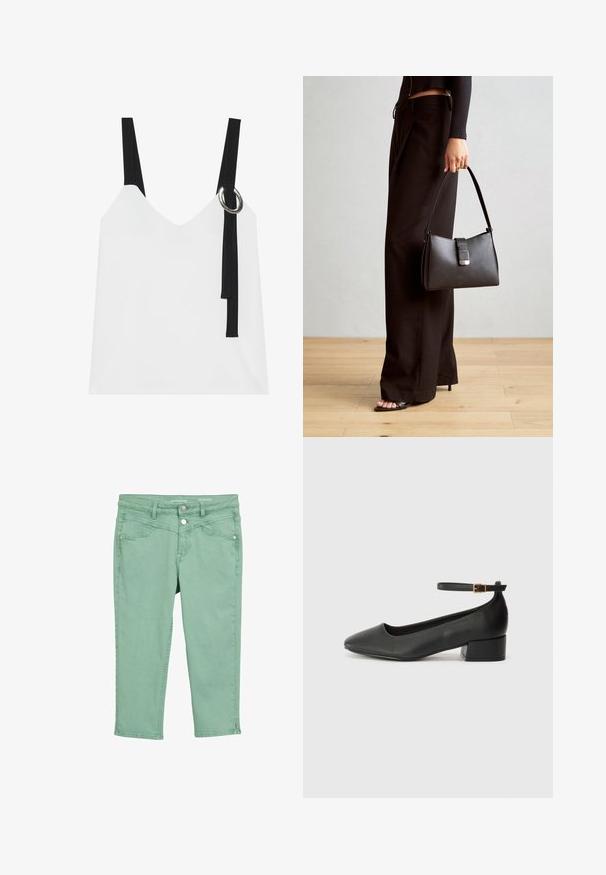 Bela brezrokavnika s V-izrezom, ki ima črne naramnice in srebrno okrasno obrobo. Gladka tkanina in sodoben, minimalističen dizajn.; Svetlozeleni kratki hlače narejene iz bombaža z gladko teksturo. Imajo sprednje žepe, zapiranje na gumb in zadrgo ter okrasne robove.; Črne usnjene pumpice z nazobčanimi prsti in nizko blokasto peto. Imajo trak okoli gležnja z zaponko v zlatem tonu. Gladka tekstura.; Črna torbica z strukturirano obliko, gladko teksturo in kovinskim zaponko. Ujemajo se z širokimi črnimi hlačami in odprtimi sandali na lesenem tleh.