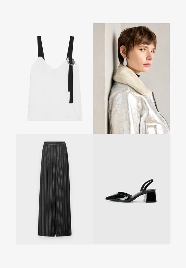 Balta be rankovių palaidinė su V formos iškirpte, su juodomis petnešomis ir sidabriniu žiedu. Sklandus audinys ir modernus, minimalistinis dizainas.; Juodos plačios kelnės su vertikaliomis pilkomis juostelėmis, turi aukštą liemenį ir lygią priekį, pagamintos iš lygaus audinio su minkšta tekstūra.; Juodos lakuotos odinės šlepetės su smailiu pirštu ir geometriniu bloko kulnu. Turi elegantišką, minimalistinį dizainą ir lygų paviršių.; Sidabrinė metalinės odos striukė su avikailio apykakle, turinti užtrauktuką ir tekstūruotą paviršių. Dideli ašarų formos auskarai su skaidriais brangakmeniais.