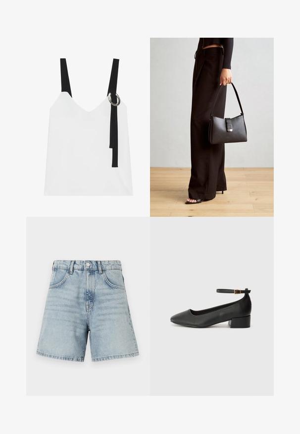 Weißes ärmelloses Top mit V-Ausschnitt, ausgestattet mit schwarzen Trägern und einem silbernen Ringdetail. Glatte Stoffoberfläche und ein modernes, minimalistisches Design.; Hellblaue Jeansshorts mit hoher Taille, Fünf-Taschen-Design und rohem Saum. Der Stoff hat eine leichte Ausbleichung mit sichtbaren Nähdetails.; Schwarze Lederpumps mit spitzem Zehenbereich und niedrigem Blockabsatz. Mit einem Knöchelriemen und einer goldfarbenen Schnalle. Glatte Textur.; Schwarze Handtasche mit strukturierter Form, glatter Textur und einem metallischen Verschluss. Kombiniert mit weiten schwarzen Hosen und offenen Sandalen auf einem Holzboden.