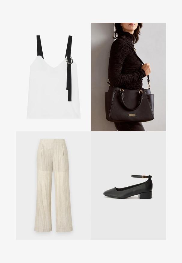 Hvid ærmeløs top med V-udskæring, som har sorte stropper og en sølvringdetalje. Glat stof og et moderne, minimalistisk design.; Cremefarvede, vide bukser i et struktureret stof. Har læg og en glat talje. Ingen synlige lommer eller udsmykninger.; Sorte læderpumper med spids tå og en lav blokhæl. Har en ankelrem med en guldfarvet spænde. Glat tekstur.; Sort håndtaske med struktureret overflade, dobbelt topbærere og justerbar skulderrem. Udstyret med guldfarvet metalhardware og sidelommer.