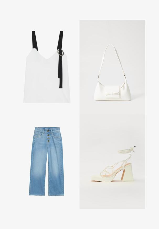 Valge ilma varrukateta top, millel on V-kujuline kaelus, mustade rihmade ja hõbedase rõngaste detailiga. Sile kangas ja kaasaegne, minimalistlik disain.; Heledad sinine laiad teksapüksid, mis on valmistatud denimist, kõrgema vöökohtadega, viie nupuga ees ja kahe esikotiga. Ühtlane tekstuur kogu ulatuses.; Valged kõrge kontsaga sandaalid, millel on paks konts ja rihmadega disain koos pahkluu sidumisega. Sile tekstuur ja platvorm ees, et lisada kõrgust.; Valge sünteetilisest materjalist kott kolmnurkse kujuga, lame esiklapiga ja kaaredetailiga, reguleeritava rihmaga, sileda tekstuuriga ja minimalistliku disainiga.