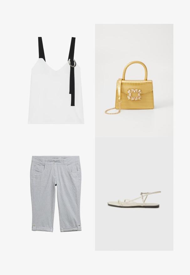 Top alb fără mâneci, cu decolteu în V, având bretele negre și un detaliu cu inel argintiu. Țesătură netedă și un design modern, minimalist.; Pantaloni capri cu dungi în gri deschis și alb. Încălzire cu nasture, patru buzunare și margini răsucite cu accente de nasture. Textură moale a materialului.; Sandalie plate bej cu multiple bretele subțiri și o cataramă ajustabilă. Talpa este plată, cu un ușor contrast întunecat la margine.; Geantă galbenă din faux-crocodil cu un design structurat, mână superioară, curea detașabilă cu lanț și embellisment decorativ cu cristale pe închidere.