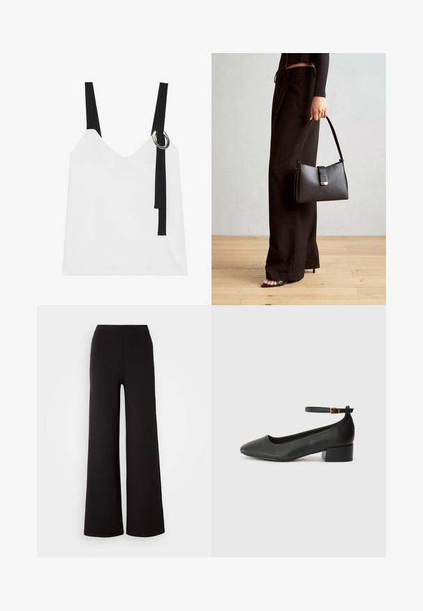 White sleeveless top with a V-neck, featuring black straps and a silver ring detail. Smooth fabric and a modern, minimalist design.; Black, wide-leg pants made of a soft fabric with a smooth texture and elastic waistband, featuring a simple design without visible fastenings.; Black leather pump with a pointed toe and a low block heel. Features an ankle strap with a gold-tone buckle. Smooth texture.; Black handbag with structured shape, smooth texture, and a metallic clasp. Paired with wide black pants and open-toe sandals on wooden floor.