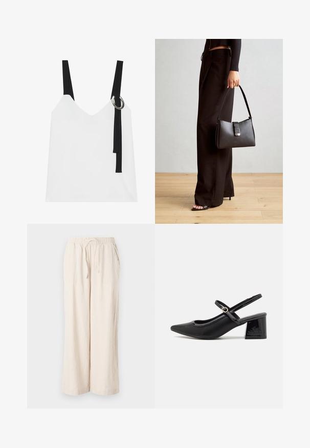 Witte mouwloze top met een V-hals, voorzien van zwarte straps en een zilveren ringdetail. Glad materiaal en een modern, minimalistisch ontwerp.; Beige linnen broek met wijde pijpen, elastische tailleband en voorzakken. Soepele textuur, lichte stof, enkel-lengte ontwerp.; Zwarte gepolijste leren slingback hakken met een spitse neus, een ronde uitsnede en een blokhak. Voorzien van een gouden gespaccent.; Zwarte handtas met gestructureerde vorm, gladde textuur en een metalen sluiting. Gecombineerd met brede zwarte broeken en sandalen met open teen op een houten vloer.