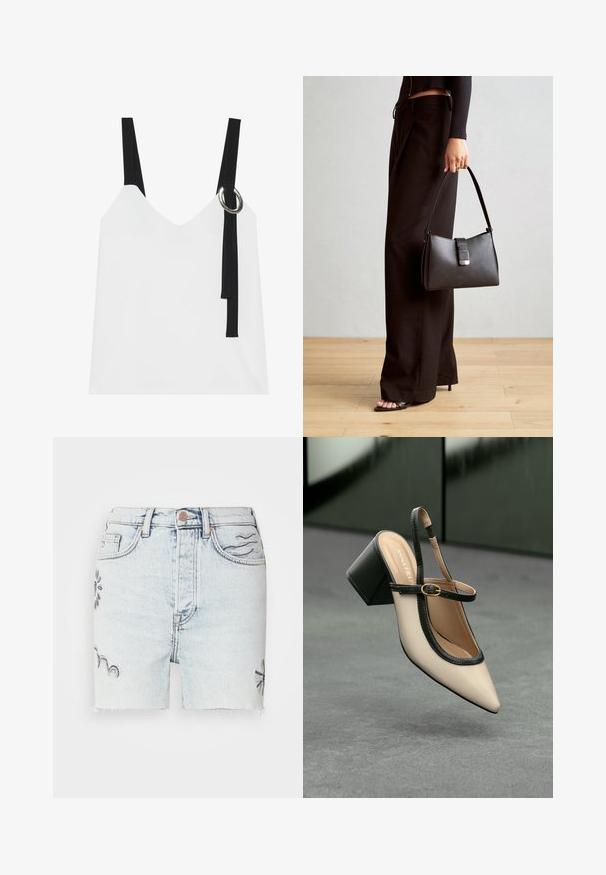 Valge ilma varrukateta top, millel on V-kujuline kaelus, mustade rihmade ja hõbedase rõngaste detailiga. Sile kangas ja kaasaegne, minimalistlik disain.; Heledatud džinsised lühikesed püksid, millel on purustatud äär, sinise värvi lilleline tikand ning traditsiooniline viie tasku stiil koos metallist nööbi sulgemisega.; Beežid kõrgkontsaga slingback-king, millel on terav nina, must ääris ja pandla detail. Sile materjal mattlõpuga, keskmise suurusega plokktald.; Must musta kott, millel on struktureeritud kuju, sile tekstuur ja metallist klamber. Kombineeritud laiate mustade pükstega ja avatud varvaste sandaalidega puidust põrandal.