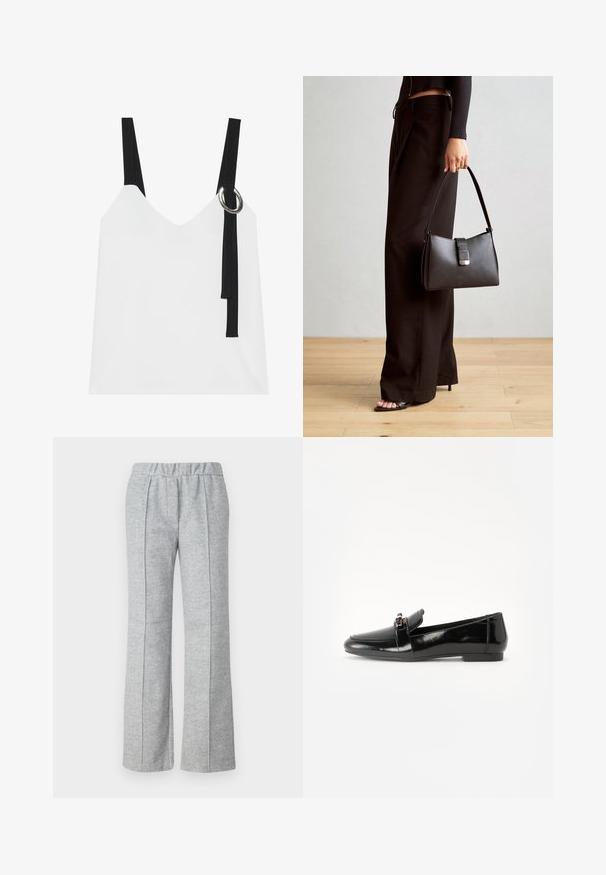 Weißes ärmelloses Top mit V-Ausschnitt, ausgestattet mit schwarzen Trägern und einem silbernen Ringdetail. Glatte Stoffoberfläche und ein modernes, minimalistisches Design.; Graue, weite Hose aus strukturiertem Stoff; verfügt über einen elastischen Bund und gefaltete Vorderdetails. Sauberes, minimalistisches Design.; Schwarze Lackleder-Lederschuhe mit flacher Sohle, runder Spitze und einem dekorativen Riemen mit einem goldfarbenen Akzent. Glattes, glänzendes Finish.; Schwarze Handtasche mit strukturierter Form, glatter Textur und einem metallischen Verschluss. Kombiniert mit weiten schwarzen Hosen und offenen Sandalen auf einem Holzboden.