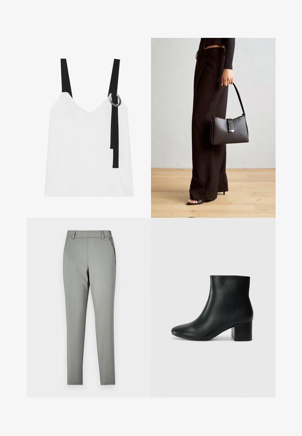 Bílý top bez rukávů s výstřihem do V, vyznačující se černými pásky a stříbrným kroužkovým detailem. Hladký materiál a moderní, minimalistický design.; Světle šedé kalhoty s přiléhavým střihem, vyrobené z hladké tkaniny. Mají pas s poutky na pásek a boční kapsy, zúžený střih nohavic.; Černé kožené kotníkové boty s špičatou špičkou a robustním podpatkem. Hladký povrch s minimálními akcenty a elegantním, přiléhavým designem.; Černá kabelka se strukturovaným tvarem, hladkým povrchem a kovovým uzávěrem. Kombinována s širokými černými kalhotami a sandály s otevřenou špičkou na dřevěné podlaze.