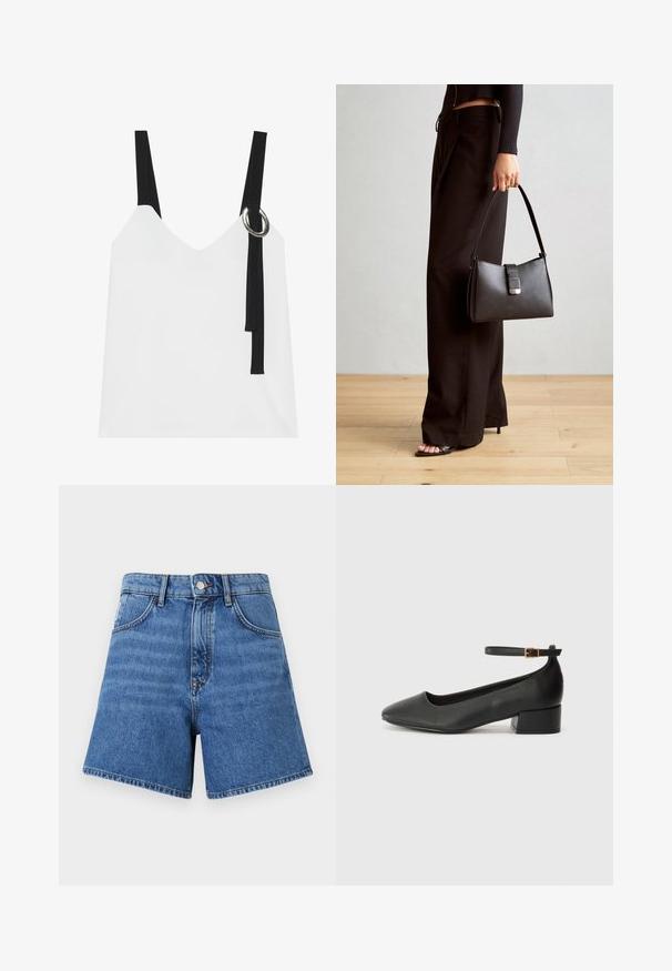White sleeveless top with a V-neck, featuring black straps and a silver ring detail. Smooth fabric and a modern, minimalist design.; Denim shorts in medium blue, featuring a high waist, five pockets, and contrast stitching. The fabric has a smooth texture and straight-cut legs.; Black leather pump with a pointed toe and a low block heel. Features an ankle strap with a gold-tone buckle. Smooth texture.; Black handbag with structured shape, smooth texture, and a metallic clasp. Paired with wide black pants and open-toe sandals on wooden floor.