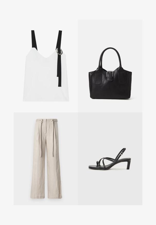 Witte mouwloze top met een V-hals, voorzien van zwarte straps en een zilveren ringdetail. Glad materiaal en een modern, minimalistisch ontwerp.; Wijde broek in lichtbeige linnen met een hoge taille, voorplooien en een strikriemdetail. Soepele textuur en een ontspannen pasvorm.; Zwarte sandaal met bandjes, vierkante teen en een lage blokhak. Voorzien van meerdere dunne bandjes en een verstelbare enkelband. Gemaakt van zacht leer.; Zwarte leren tote bag met een gladde textuur, gestructureerde vorm, twee handvatten en een opvallend zilveren sluitingdetail aan de voorkant.