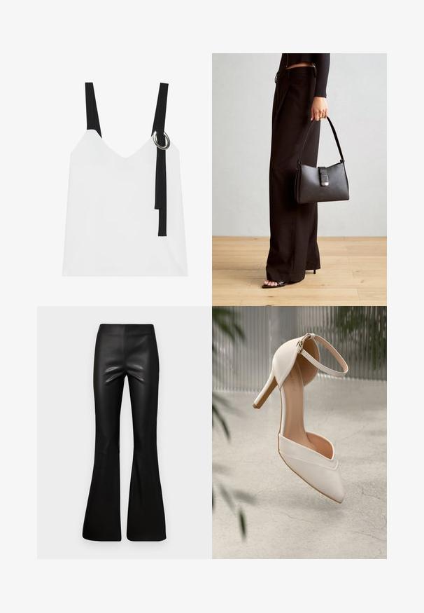 Haut sans manches blanc avec un col en V, comportant des bretelles noires et un détail en anneau argenté. Tissu lisse et design moderne et minimaliste.; Pantalons évasés noirs en matériau lisse et brillant. Design taille haute avec une partie supérieure ajustée, s'élargissant à partir du genou.; Chaussure à talons hauts blanche en matériau lisse, avec un bout pointu et une sangle autour de la cheville. Présente un intérieur beige clair et des accents en matériel doré.; Sac à main noir à la forme structurée, texture lisse et fermoir métallique. Associé à un pantalon noir ample et des sandales ouvertes sur un sol en bois.