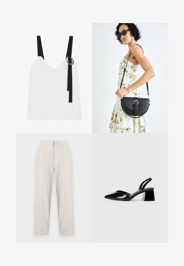 Weißes ärmelloses Top mit V-Ausschnitt, ausgestattet mit schwarzen Trägern und einem silbernen Ringdetail. Glatte Stoffoberfläche und ein modernes, minimalistisches Design.; Cremfarbene Hose mit geradem Bein, ausgestattet mit einem vorderen Bügel, zwei Seitentaschen und einem mittelhohen Bund.; Schwarze Lackleder-Slingback-High Heels mit spitzem Schuh und einem geometrischen Blockabsatz. Verfügt über ein schlankes, minimalistisches Design und eine glatte Textur.; Schwarze Lederhandtasche mit geschwungener Form, abnehmbarem Tragegurt und goldenen Beschlägen. Die Tasche verfügt über einen Deckel mit einer Schnallen-Details.