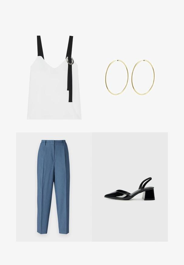 Balta bez piedurknēm topa ar V-veida kakla izgriezumu, ar melnām siksnām un sudraba gredzenu. Gluda auduma un mūsdienīgs, minimālistisks dizains.; Bruuns Bazaar CINDYSUS DAGNY - Auduma bikses - indian teal; Melna lakota āda ar atvērto papēdi, ar smailu purngalu un ģeometrisku blokpapēdi. Iezīmējas elegants, minimāls dizains un gluda tekstūra.; Zelta riņķa auskari ar gludu, noapaļu dizainu. Plāni un viegli, ar nepārtrauktu cilpu bez jebkādām rotājumām.