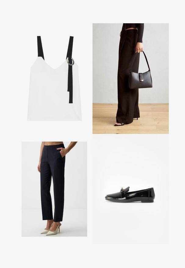 Witte mouwloze top met een V-hals, voorzien van zwarte straps en een zilveren ringdetail. Glad materiaal en een modern, minimalistisch ontwerp.; Marineblauwe broek met streepjes, met een platte voorkant, taillezakken en een taps toelopend ontwerp. De stof is glad met een lichte glans.; Zwarte gepatenteerde leren loafer met een vlakke zool, ronde teen en een decoratieve band met een gouden accen. Gladde, glanzende afwerking.; Zwarte handtas met gestructureerde vorm, gladde textuur en een metalen sluiting. Gecombineerd met brede zwarte broeken en sandalen met open teen op een houten vloer.