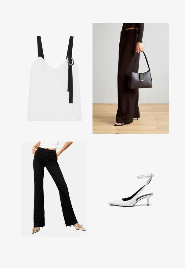 Fehér ujjatlan felső V-nyakkal, fekete pántokkal és ezüst karika részlettel. Simább anyag és modern, minimalista dizájn.; Fekete, bővülő farmernadrág, elöl gombos zárással és öt zsebes kialakítással, semleges háttér előtt bemutatva.; Fehér, hegyes orrú, hátsó pánttal ellátott magassarkú cipők vékony boka pánttal. Finom bőrből készült, vékony tűsarkú, és fekete belső béléssel rendelkezik.; Fekete kézi táska strukturált formával, sima textúrával és fémből készült záródással. Széles fekete nadrággal és nyitott orrú szandállal párosítva, fából készült padlón.