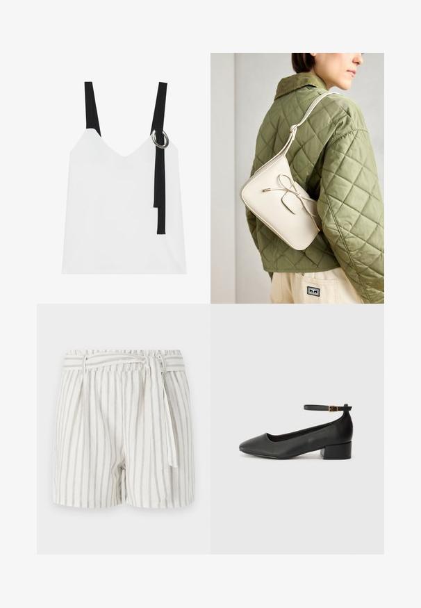 Hvid ærmeløs top med V-udskæring, som har sorte stropper og en sølvringdetalje. Glat stof og et moderne, minimalistisk design.; Hvide stribede shorts med grå striber, elastisk talje og en bundet detalje foran. Letvægtsstof med en afslappet pasform.; Sorte læderpumper med spids tå og en lav blokhæl. Har en ankelrem med en guldfarvet spænde. Glat tekstur.; Beige læder crossover taske med en sløjfe detalje, guldbeslag og en enkelt justerbar skulderrem, båret over en grøn quiltet jakke.