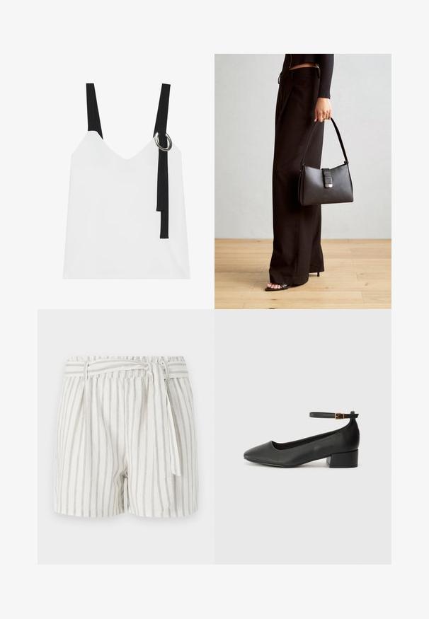 Top bianco senza maniche con scollo a V, caratterizzato da spalline nere e un dettaglio ad anello argentato. Tessuto liscio e design moderno e minimalista.; Pantaloni corti bianchi a righe con strisce grigie, vita elastica e dettaglio annodato frontale. Tessuto leggero con una vestibilità comoda.; Pump in pelle nera con punta affusolata e tacco basso a blocco. Presenta una cinghia alla caviglia con una fibbia in tonalità oro. Texture liscia.; Borsa nera con forma strutturata, texture liscia e una chiusura metallica. Abbinata a pantaloni neri larghi e sandali open-toe su un pavimento in legno.