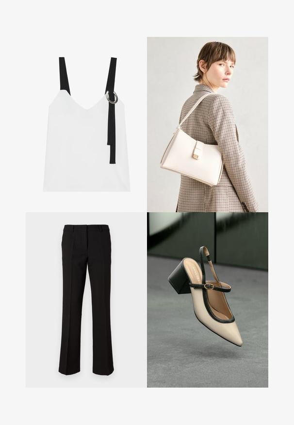 Hvit ermeløs topp med V-hals, med svarte stropper og en sølvringdetalj. Glatt stoff og et moderne, minimalistisk design.; Sorte bukser med rett ben-design, laget av glatt stoff, med flat front, beltehemper og uten synlige lommer.; Beige spiss tå slingback sko med svart kant, gullspenne og tykk blokkheel på grått gulv med mørkegrønn bakgrunn.; Hvit lær veske med en strukturert design, med magnetlås og skulderstropp, vist mot en nøytral bakgrunn.