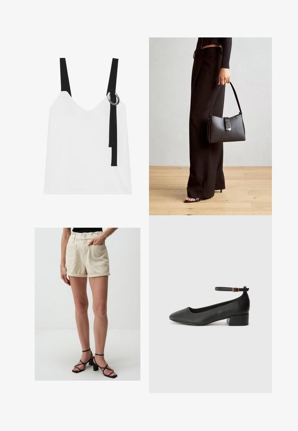 Witte mouwloze top met een V-hals, voorzien van zwarte straps en een zilveren ringdetail. Glad materiaal en een modern, minimalistisch ontwerp.; Beige denim shorts met een elastische tailleband, twee voorzakken en omgerolde zomen. Gecombineerd met zwarte sandaaltjes met hakken en bandjes.; Zwarte leren pump met een spitse neus en een lage blokhak. Beschikt over een enkelband met een goudkleurige gespsluiting. Gladde textuur.; Zwarte handtas met gestructureerde vorm, gladde textuur en een metalen sluiting. Gecombineerd met brede zwarte broeken en sandalen met open teen op een houten vloer.