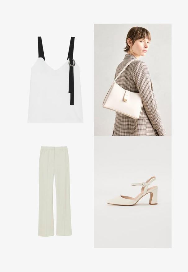 Valge ilma varrukateta top, millel on V-kujuline kaelus, mustade rihmade ja hõbedase rõngaste detailiga. Sile kangas ja kaasaegne, minimalistlik disain.; Kerged beežides pükstes, mis on valmistatud siledast kangast, sirge sääre kujundusega, voldiga esiküljel ja tavalise taljega, millel on vöörihmade aasad.; Koonus-peat, kreemjas värvitoonis säärisega king, millel on plokkkonts. Omab õhukest pahkluu rihma ümmarguse pandlaga ja sujuvat nahastruktuuri.; Valge nahast käekott struktureeritud disainiga, millel on magnetlukk ja õlavarre rihm, esitletud neutraalse tausta ees.