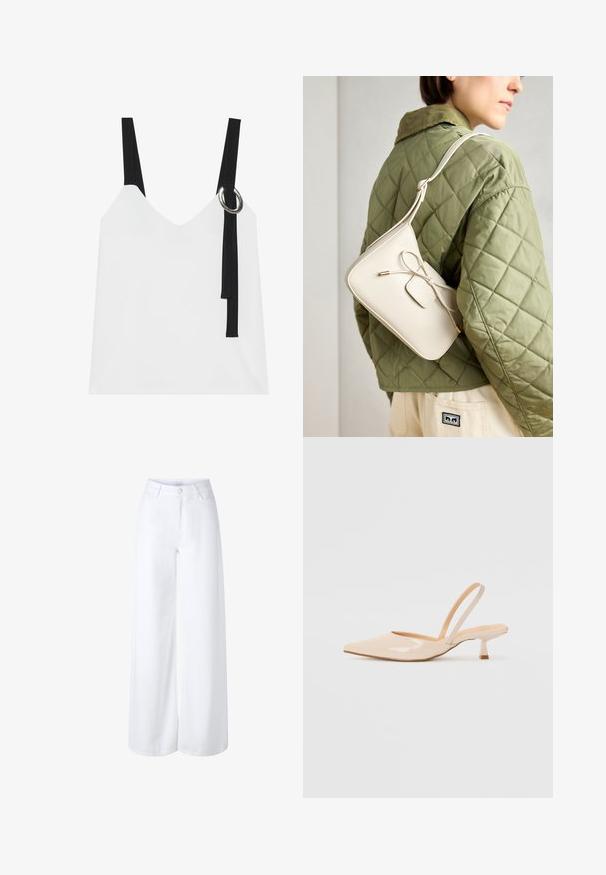 Valkoinen hihaton paita, jossa on V-pääntie, mustat hihnat ja hopeinen renkaallinen yksityiskohta. sileä kangas ja moderni, minimalistinen muotoilu.; Valkoiset leveälahkeiset farkut, joissa on korkea vyötärö, etutaskut ja perinteinen viiden taskun muotoilu vetoketjulla.; Beige patenttanssisen nahasta valmistetut slingback-korkokengät, joissa on terävä kärki ja kapea, neliömäinen korko. Saumatonta pinta ja minimalistinen muotoilu ilman koristeita.; Beige nahka-olkalaukku, jossa on nauhakiinnitys, kultaiset yksityiskohdat ja yksi säädettävä hihna, joka on puettu vihreän tikatun takin päälle.