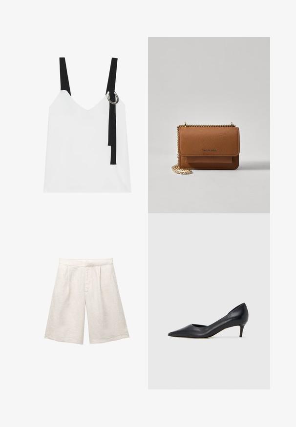 Top alb fără mâneci, cu decolteu în V, având bretele negre și un detaliu cu inel argintiu. Țesătură netedă și un design modern, minimalist.; Pantaloni scurți bej din in, cu un croi larg, având pliseuri frontale și o talie netedă. Materialul are un finisaj ușor texturat.; Pantof din piele neagră, cu vârf ascuțit și toc mic. Are o textură netedă și un luciu subtil. Decupaj deschis în partea din față pentru un detaliu suplimentar.; Geantă crossbody din piele texturată maro, cu curea din lanț aurit și închidere cu clapetă. Partea din față prezintă detalii cu logo și o buzunar sub clapetă.