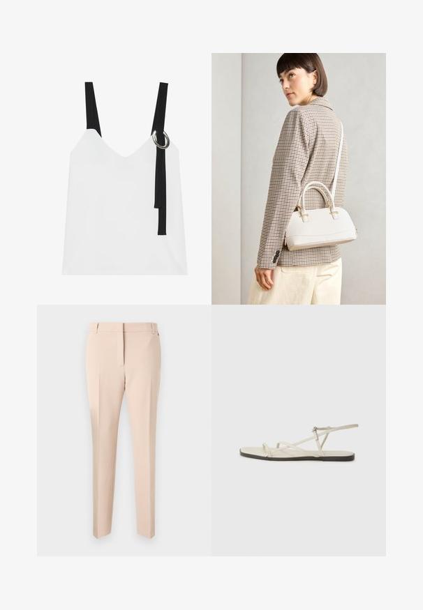 Top sem mangas branco com decote em V, apresentando alças pretas e um detalhe em forma de argola prateada. Tecido suave e um design moderno e minimalista.; Calças bege sob medida com frente lisa, passadores de cinto, dois bolsos laterais e um design de perna reta. Textura de tecido suave e detalhes mínimos.; Sandália plana bege com várias tiras finas e uma fivela ajustável. A sola é plana com um leve contraste escuro na borda.; Bolsa estruturada branca com alças curtas e uma alça de ombro, com detalhes em hardware dourado e material texturizado, exibida contra um fundo cinza.