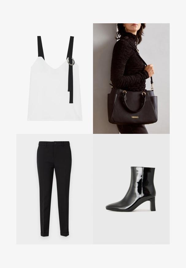 Top sem mangas branco com decote em V, apresentando alças pretas e um detalhe em forma de argola prateada. Tecido suave e um design moderno e minimalista.; Calças pretas de corte ajustado feitas de um tecido suave, com frente lisa, bolsos laterais e punhos dobrados para uma aparência estruturada.; Botim de tornozelo em pele sintética preta com bico apontado e salto bloco de altura média. Textura suave e design minimalista.; Bolsa preta com superfície texturizada, alças superiores duplas e alça de ombro ajustável. Apresenta ferragens em tom dourado e bolsos laterais.