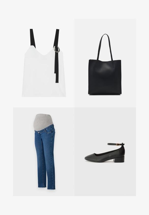 Valge ilma varrukateta top, millel on V-kujuline kaelus, mustade rihmade ja hõbedase rõngaste detailiga. Sile kangas ja kaasaegne, minimalistlik disain.; Rasedus teksad, millel on veniv hall vöökoht ja helesinine denimpind, otse jalgade lõige ja rebitud servade aktsendid.; Must mustaapp, millel on terav nina ja madal blokk-kand. Omab pahkluu rihma koos kuldse tooni pandlaga. Sile tekstuur.; Mustast nahast kott sujuva tekstuuriga, ristkülikukujuline ja kahe pika sangaga. Pole nähtavat riistvara ega kaunistusi.