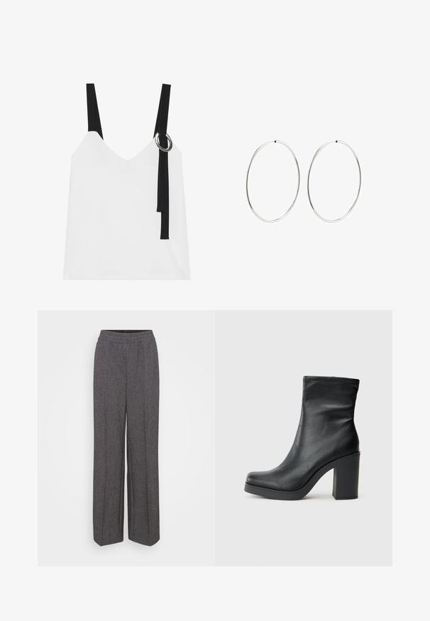 Balta be rankovių palaidinė su V formos iškirpte, su juodomis petnešomis ir sidabriniu žiedu. Sklandus audinys ir modernus, minimalistinis dizainas.; Pilkos, plačios kojos kelnės su elastinga juosta, pasižyminčios tekstūruotu audiniu ir subtiliu raštu. Be kišenių ar matomų užsegimų.; Juodos odinės kulkšninių batų su aukštu blokuotu kulnu, lygia tekstūra, prigludusia siluetu ir siūlėmis apipjaustymu viršuje.; Sidabriniai auskarai-žiedai su lygiu, apvaliu dizainu ir blizgiu paviršiumi. Jie yra ploni ir lengvi, turintys paprastą užsegimą.