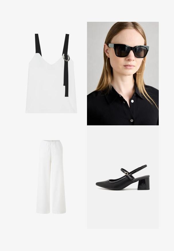 Bílý top bez rukávů s výstřihem do V, vyznačující se černými pásky a stříbrným kroužkovým detailem. Hladký materiál a moderní, minimalistický design.; Bílé kalhoty s širšími nohavicemi vyrobené z lehkého materiálu s elastickým pasem a šňůrkou na stažení. Hladká textura, žádné vzory ani akcenty nejsou viditelné.; Černé lakované lodičky s otevřenou patou, špičatou špičkou, zaobleným střihem a blokovým podpatkem. Zdobené akcentem v zlatém tónu.; Černé sluneční brýle obdélníkového tvaru s lesklým povrchem, stříbrný akcent na spáncích, které nosí modelka s dlouhými rovnými vlasy a černým tričkem.; Černá kabelka se strukturovaným tvarem, hladkým povrchem a kovovým uzávěrem. Kombinována s širokými černými kalhotami a sandály s otevřenou špičkou na dřevěné podlaze.