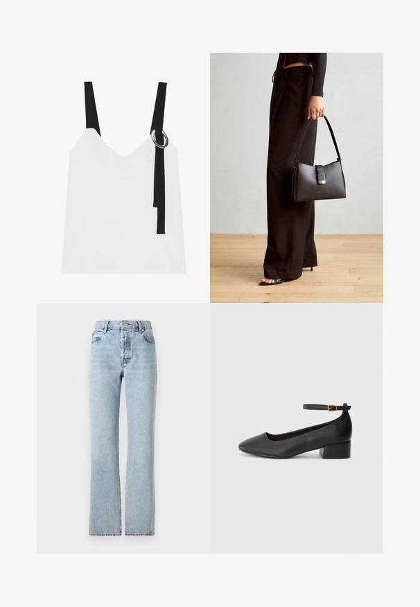 White sleeveless top with a V-neck, featuring black straps and a silver ring detail. Smooth fabric and a modern, minimalist design.; Light blue denim jeans with a high waist, straight legs, classic five-pocket design, and subtle fading throughout.; Black leather pump with a pointed toe and a low block heel. Features an ankle strap with a gold-tone buckle. Smooth texture.; Black handbag with structured shape, smooth texture, and a metallic clasp. Paired with wide black pants and open-toe sandals on wooden floor.