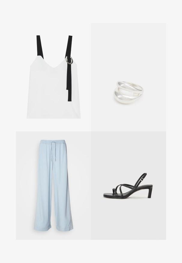 Top blanco sin mangas con escote en V, con tirantes negros y un detalle de anillo plateado. Tejido suave y un diseño moderno y minimalista.; Pantalones de pierna ancha, de color azul claro, con cinturilla elástica y cordón, que presentan un tejido suave y un discreto detalle de costura en los laterales.; Sandalia negra de tiras con punta cuadrada y tacón bajo de bloque. Presenta múltiples tiras delgadas y una correa ajustable en el tobillo. Fabricada en cuero suave.; Anillo de plata de doble banda con una superficie lisa y pulida. Presenta un diseño fluido y curvado con secciones superpuestas para un aspecto moderno.; Anillo de plata de doble banda con una superficie lisa y pulida. Presenta un diseño fluido y curvado con secciones superpuestas para un aspecto moderno.