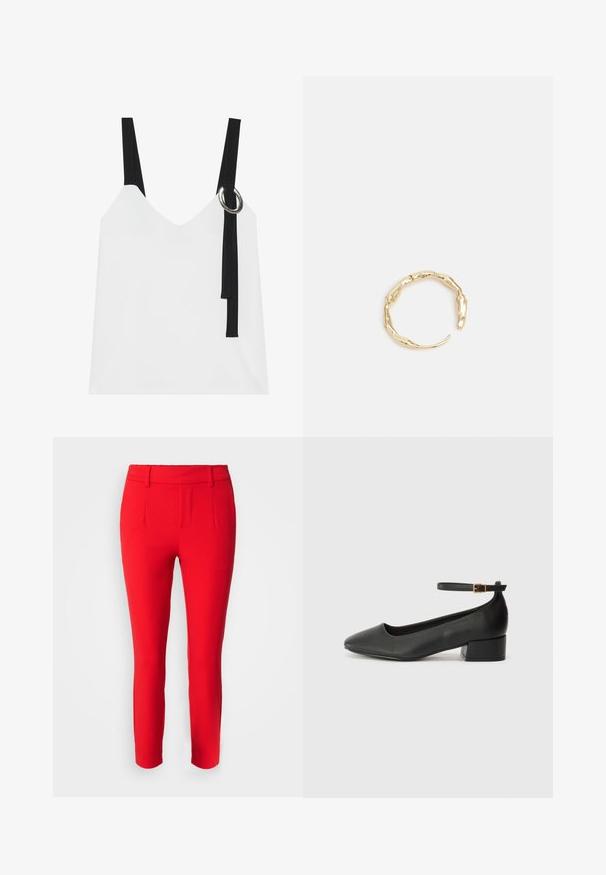 Top blanco sin mangas con escote en V, con tirantes negros y un detalle de anillo plateado. Tejido suave y un diseño moderno y minimalista.; Object SLIM NOOS - Pantalones - flame scarlet; Zapato de tacón negro de cuero con punta afilada y tacón bajo cuadrado. Presenta una correa para el tobillo con una hebilla en tono dorado. Textura suave.; Anillo en tono dorado con un diseño orgánico y retorcido, con una textura suave y extremos cónicos, creando una apariencia moderna y escultórica.
