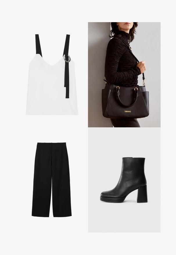 Hvid ærmeløs top med V-udskæring, som har sorte stropper og en sølvringdetalje. Glat stof og et moderne, minimalistisk design.; Sorte bredbenede bukser lavet af et struktureret stof med høj talje, der har frontfald og et rent design. Ingen synlige lommer eller hardware.; Sort læder ankelstøvle med blokhæl og platformssål, set fra siden på en ensfarvet hvid baggrund.; Sort håndtaske med struktureret overflade, dobbelt topbærere og justerbar skulderrem. Udstyret med guldfarvet metalhardware og sidelommer.