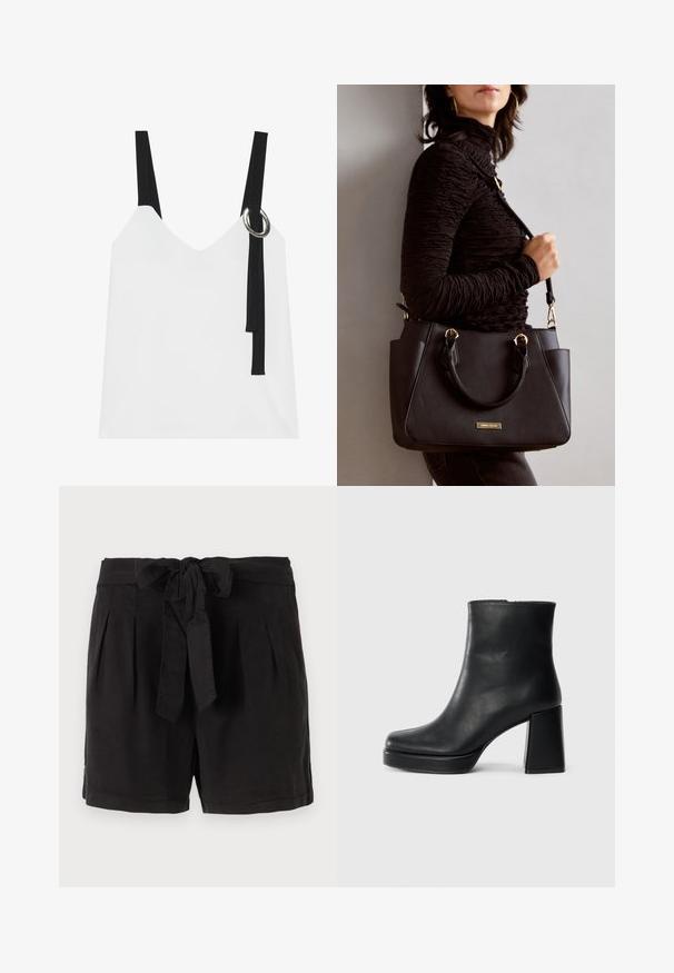 Hvit ermeløs topp med V-hals, med svarte stropper og en sølvringdetalj. Glatt stoff og et moderne, minimalistisk design.; Sorte bomullshorts med knytebelte i livet, folder foran og sidelommer. Glatt tekstur og uformelt design.; Sorte skinnankelsko med blokkhæl og plattformsåle, sett fra siden på en enkel hvit bakgrunn.; Svart håndveske med teksturert overflate, doble topphåndtak og justerbar skulderrem. Har detaljer i gulltone og sidelommer.