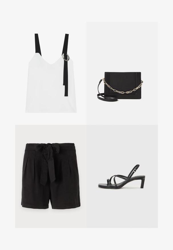 Balta be rankovių palaidinė su V formos iškirpte, su juodomis petnešomis ir sidabriniu žiedu. Sklandus audinys ir modernus, minimalistinis dizainas.; Juodi medvilniniai šortai su juosmens dirželiu, raukšlėmis priekyje ir šoniniais kišenėmis. Lygus audinys ir kasdienis dizainas.; Juodi šlepetės su kvadratiniu pirštu ir žemu bloku kulnu. Yra keli ploni dirželiai ir reguliuojamas kulkšnies diržas. Pagaminti iš lygios odos.; Juodas odinis per petį nešiojamas krepšys turi lygų paviršių, stačiakampio formą ir metalinę grandinėlę priekyje. Pridedama reguliuojama dirželis.