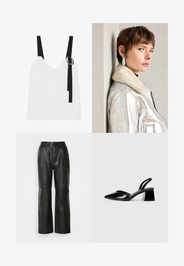 Bijela bezrukavna majica s V-izrezom, s crnim trakama i detaljem srebrnog prstena. Glatka tkanina i moderan, minimalistički dizajn.; Crne kožne hlače širokih nogavica s glatkom teksturom, s visokim strukom, prednjim nabora i vidljivim šavovima. Bez džepova ili ukrasa.; Crne lakirane kožne sandale s otvorenom petom i špicastim vrhom, s geometrijskom blok petom. Imaju elegantan, minimalistički dizajn i glatku teksturu.; Srebrna metalik kožna jakna s ovčjim krznom, koja ima zatvaranje na patentni zatvarač i teksturiranu površinu. Velike naušnice u obliku suze s prozirnim draguljima.