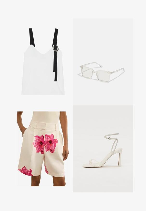 Weißes ärmelloses Top mit V-Ausschnitt, ausgestattet mit schwarzen Trägern und einem silbernen Ringdetail. Glatte Stoffoberfläche und ein modernes, minimalistisches Design.; Next PETITE - FLORAL TAILORED  - Shorts - ecru pink; Weiße hochhackige Sandale mit einem schlanken Knöchelriemen und zwei vorderen Riemen. Glatte Lederoberfläche mit einer quadratischen Zehenpartie und einem glänzenden Absatz.; Klare, quadratische Kunststoffbrillen mit durchsichtigen Gläsern, die goldene Akzente an den Bügeln für zusätzliche Details aufweisen.; Schwarze Lederhandtasche mit geschwungener Form, abnehmbarem Tragegurt und goldenen Beschlägen. Die Tasche verfügt über einen Deckel mit einer Schnallen-Details.