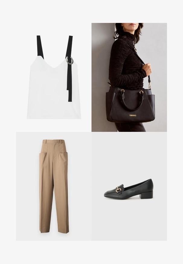 Bela brezrokavnika s V-izrezom, ki ima črne naramnice in srebrno okrasno obrobo. Gladka tkanina in sodoben, minimalističen dizajn.; Rjave hlače s prugami, visoko pasu, z dvema velikima sprednjima žepoma, ozkimi nogami in gladko teksturo. Prilagojena zasnova za strukturirano prileganje.; Črne usnjene loafersice s ravnim petkom, ki imajo dekorativen zlat detajl spredaj in gladko teksturo.; Črna torbica z teksturirano površino, z dvema zgornjima ročajema in nastavljivim ramenskim pasom. Ima zlatovrateče dodatke in stranske žepe.