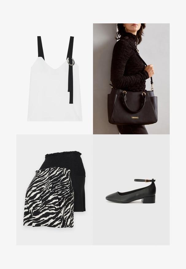 Witte mouwloze top met een V-hals, voorzien van zwarte straps en een zilveren ringdetail. Glad materiaal en een modern, minimalistisch ontwerp.; Zwart-witte gelaagde shorts met een elastische tailleband, de ene kant met een zebra-patroon en de andere kant in effen zwart stof.; Zwarte leren pump met een spitse neus en een lage blokhak. Beschikt over een enkelband met een goudkleurige gespsluiting. Gladde textuur.; Zwarte handtas met gestructureerd oppervlak, dubbele bovenhandvatten en verstelbare schouderriem. Voorzien van goudkleurige hardware en zijzakken.
