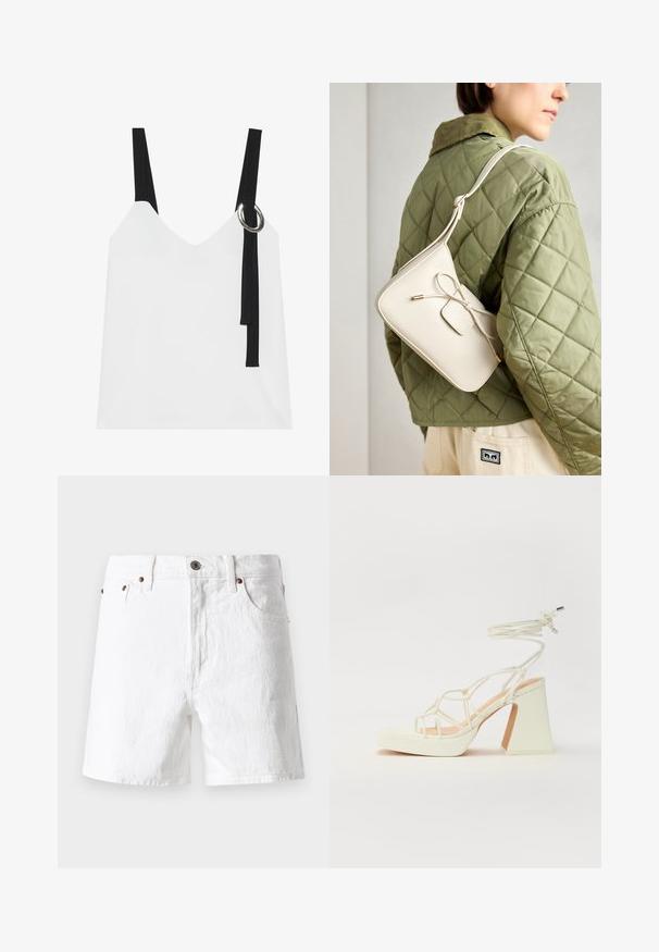 Fehér ujjatlan felső V-nyakkal, fekete pántokkal és ezüst karika részlettel. Simább anyag és modern, minimalista dizájn.; Fehér farmer sort klasszikus dizájnnal, ötpocket stílusban, réz gombokkal és enyhén texturált szövetfelülettel.; Fehér, magassarkú szandál vastag sarokkal, pántos dizájnnal és bokapánttal. Sima textúra, elülső platformmal a megnövelt magasság érdekében.; Beige színű bőr keresztpántos táska masni részlettel, arany színű fém kiegészítőkkel és egy állítható pánttal, zöld steppelt dzsekin viselve.