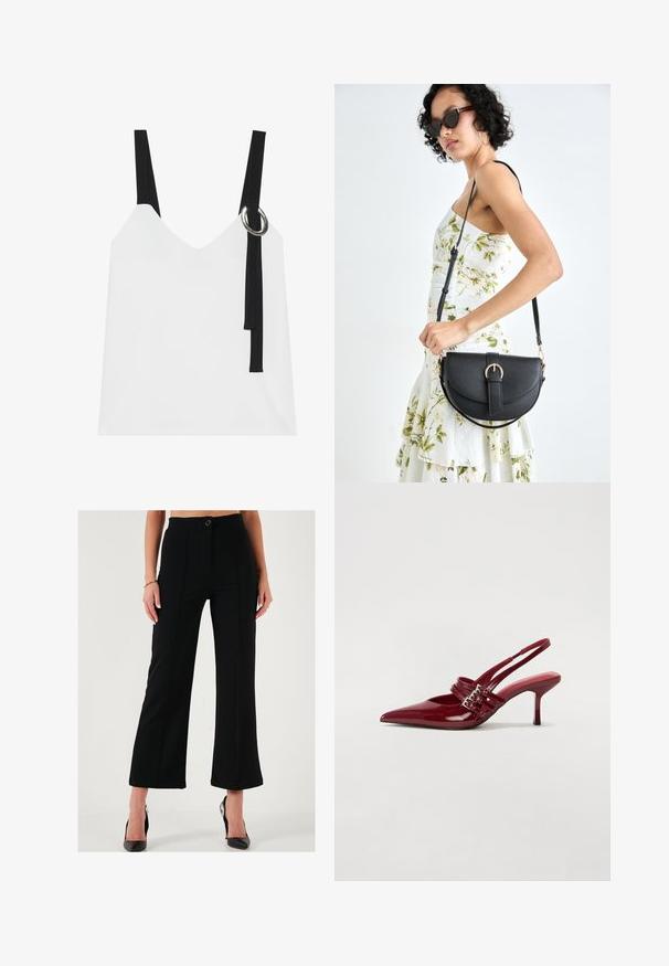 Top blanco sin mangas con escote en V, con tirantes negros y un detalle de anillo plateado. Tejido suave y un diseño moderno y minimalista.; Pantalones anchos negros con cintura alta, cierre frontal de botones y detalles cosidos. Elaborados con una tela suave y estructurada.; Zapatos de tacón tipo slingback en charol rojo con punta afilada, dos correas con hebilla y un tacón de stiletto delgado y de altura media. Textura suave.; Bolso de piel negra con forma curva, correa desmontable y herrajes dorados. El bolso cuenta con una solapa con un detalle de hebilla.