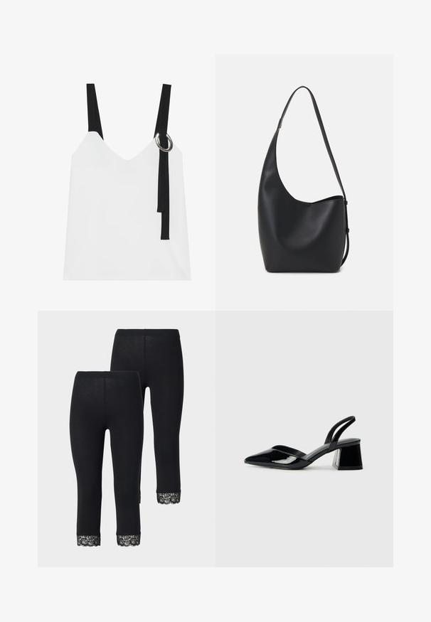 Witte mouwloze top met een V-hals, voorzien van zwarte straps en een zilveren ringdetail. Glad materiaal en een modern, minimalistisch ontwerp.; Zwarte leggings met een nauwsluitend ontwerp, voorzien van kantdetails aan de zoom, gemaakt van een zachte, rekbare stof.; Zwarte gepatineerde leren slingback hakken met een spitse neus en een geometrische blokhak. Kenmerkt zich door een slank, minimalistisch ontwerp en een gladde textuur.; Zwarte leren hobo tas met een gladde textuur, kromme vorm en een enkele verstelbare schouderband; heeft een brede opening aan de bovenkant.