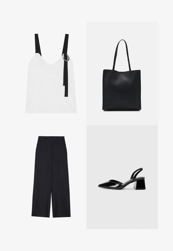 White sleeveless top with a V-neck, featuring black straps and a silver ring detail. Smooth fabric and a modern, minimalist design.; Wide-leg trousers in dark navy fabric, featuring a smooth texture, front pleats, and decorative gold-tone eyelets on the side pockets.; Black patent leather slingback heels with a pointed toe and a geometric block heel. Features a sleek, minimal design and smooth texture.; Black leather tote bag with smooth texture, rectangular shape, and two long handles. No visible hardware or embellishments.