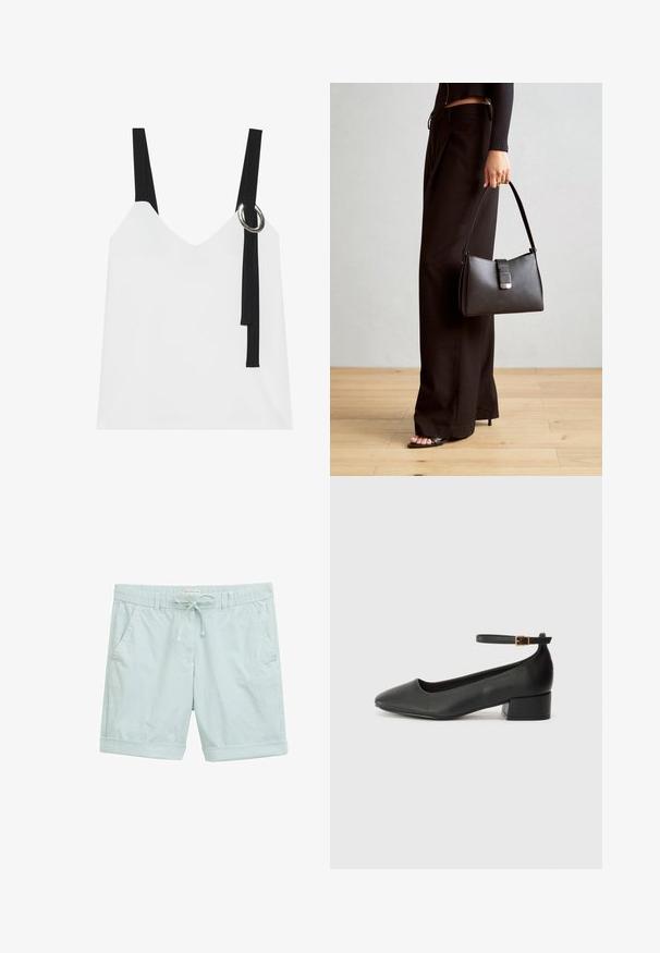 Haut sans manches blanc avec un col en V, comportant des bretelles noires et un détail en anneau argenté. Tissu lisse et design moderne et minimaliste.; Shorts rayés bleu clair en tissu léger, dotés d'une taille élastique avec cordon de serrage, de revers roulés et de poches latérales.; Escarpin en cuir noir avec un bout pointu et un petit talon bloc. Doté d'une bride de cheville avec une boucle dorée. Texture lisse.; Sac à main noir à la forme structurée, texture lisse et fermoir métallique. Associé à un pantalon noir ample et des sandales ouvertes sur un sol en bois.