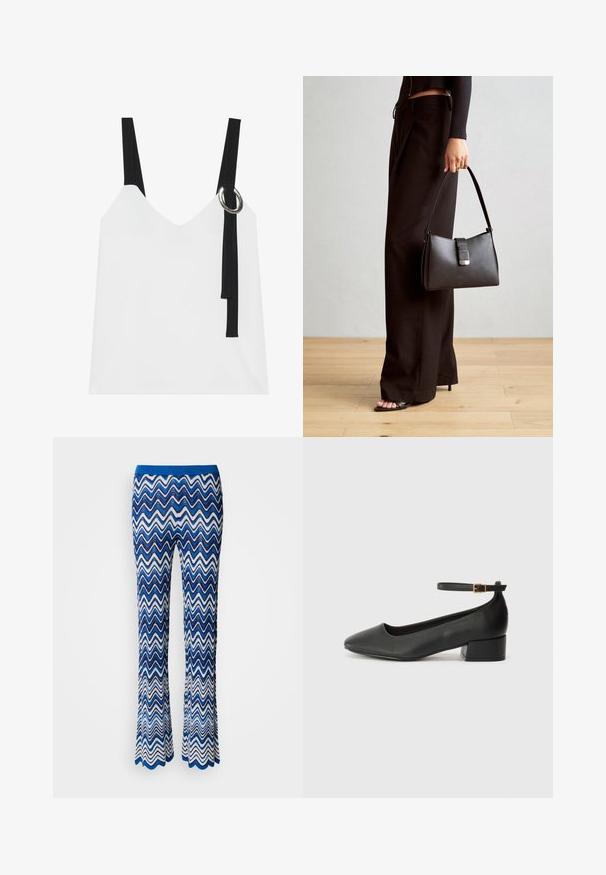 Biała bezrękawnikowa bluzka z dekoltem w serek, z czarnymi ramiączkami i srebrnym detalem w kształcie pierścienia. Gładki materiał i nowoczesny, minimalistyczny design.; Niebieskie i białe spodnie w zigzagowy wzór, rozszerzane na dole, wykonane z teksturowanej, lekkiej tkaniny, z kontrastującym niebieskim elastycznym pasem.; Czarne skórzane szpilki z ostrym noskiem i niskim słupkowym obcasem. Wyposażone w pasek na kostkę z złotym zapięciem. Gładka tekstura.; Czarna torebka o usztywnionym kształcie, gładkiej fakturze i metalowym zapięciem. Połączona z szerokimi czarnymi spodniami i sandałami na otwartym palcu na drewnianej podłodze.