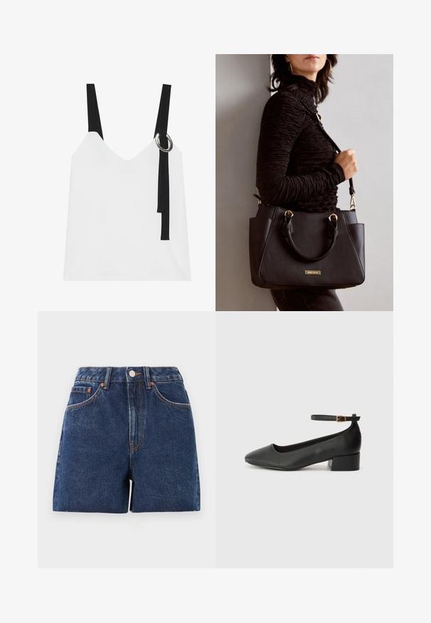 Bijela bezrukavna majica s V-izrezom, s crnim trakama i detaljem srebrnog prstena. Glatka tkanina i moderan, minimalistički dizajn.; Traper šorts u tamnoplavoj boji s visokim pojasom, pet džepova, mjedenim detaljima i kontrastnim šavovima. Neuredan rub dodaje teksturu.; Crne kožne pumpe s oštrim vrhom i niskom blok petom. Sadrže remen oko gležnja s zlatnim kopčanjem. Glatka tekstura.; Crna torba s teksturiranom površinom, dvostrukim gornjim ručkama i podesivom remenom za rame. Ima zlatne metalne detalje i bočne džepove.