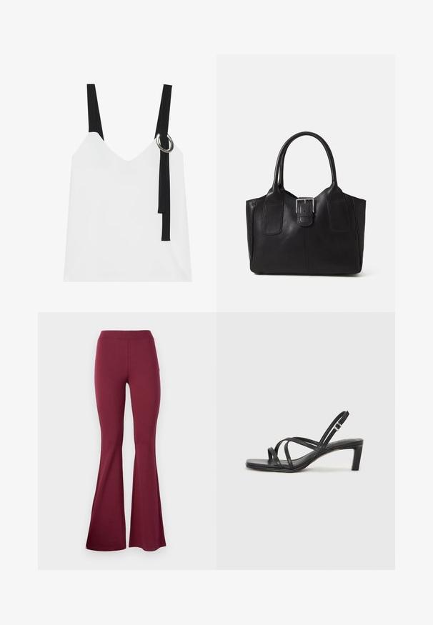 Bijela bezrukavna majica s V-izrezom, s crnim trakama i detaljem srebrnog prstena. Glatka tkanina i moderan, minimalistički dizajn.; Burgundijske široke tajice od rastezljivog materijala. Imaju visoki struk i glatku teksturu, s otvorima na rubovima za širi fit na dnu.; Crne sandale s trakama, kvadratnim prstom i niskom blok petom. Ima više tankih trakica i podesivu trakicu oko gležnja. Izrađene su od glatke kože.; Crna kožna torba za nošenje s glatkom teksturom, strukturiranim oblikom, dvije ručke i istaknutim srebrnim kopčanjem na prednjoj strani.; Srebrna dvostruka prsten s glatkom, poliranom površinom. Karakterizira ga fluidan, zakrivljen dizajn s preklapajućim sekcijama za moderan izgled.