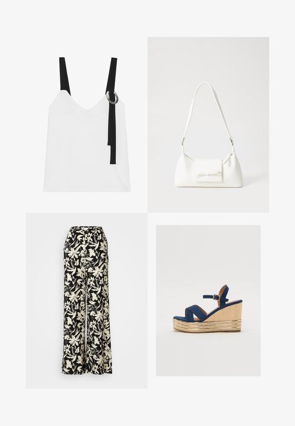 White sleeveless top with a V-neck, featuring black straps and a silver ring detail. Smooth fabric and a modern, minimalist design.; Black wide-leg trousers with a white floral pattern, featuring a high waist and smooth fabric texture. Suitable for various occasions.; Navy blue wedge sandal with crossed straps, a textured natural fiber platform, and a gold metallic accent on the base.; White synthetic handbag with a triangular shape, flat front flap and bow detail, adjustable strap, smooth texture, and minimalistic design.